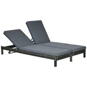 Dobbelt liggestol i polyrattan, havestol til 2 personer, afslapningsstol, luksuslounge, ryglæn med 5 positioner, metal, PE-rattan, grå, 196 x 120 x 28 cm